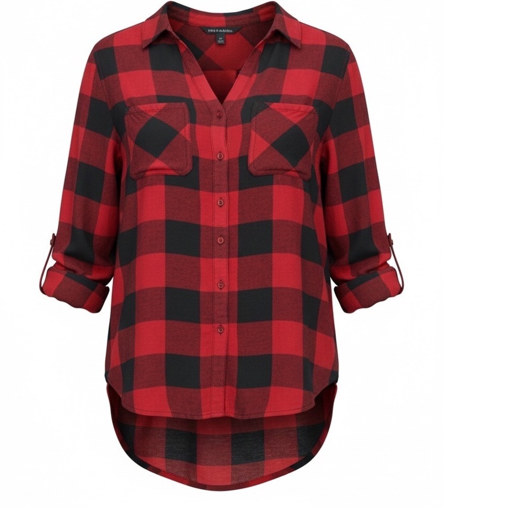 Rock & Republic Womens Red Black Buffalo Plaid Button Down Roll Tab Shirt Small